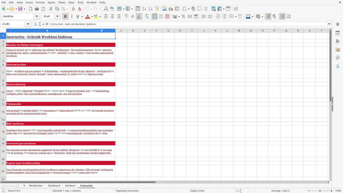 Screenshot 4: tabblad Instructies - Excel-sjabloon werkbon monteur excel sjabloon