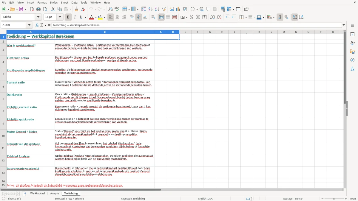 Screenshot 3: tabblad Toelichting - Excel-sjabloon werkkapitaal berekenen excel sjabloon