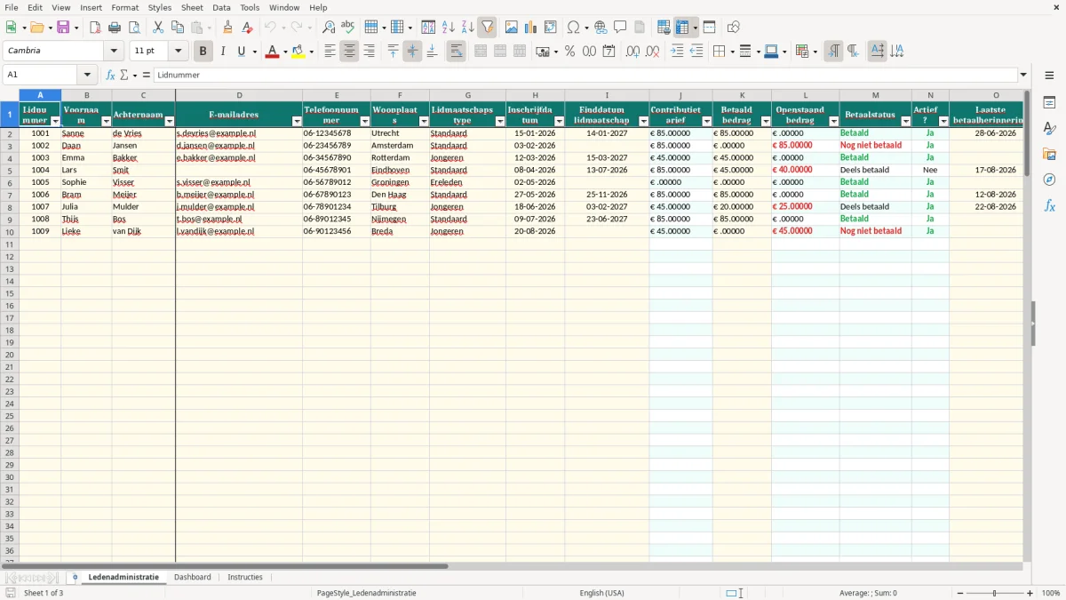 Screenshot 1: tabblad Ledenadministratie - Excel-sjabloon ledenadministratie excel sjabloon