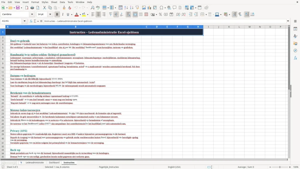 Instructies – Ledenadministratie Excel – Gratis Sjabloon (2026)