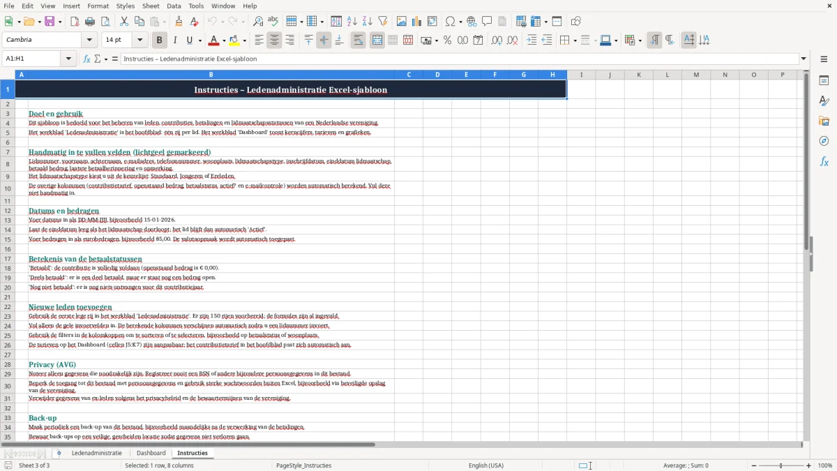 Screenshot 3: tabblad Instructies - Excel-sjabloon ledenadministratie excel sjabloon