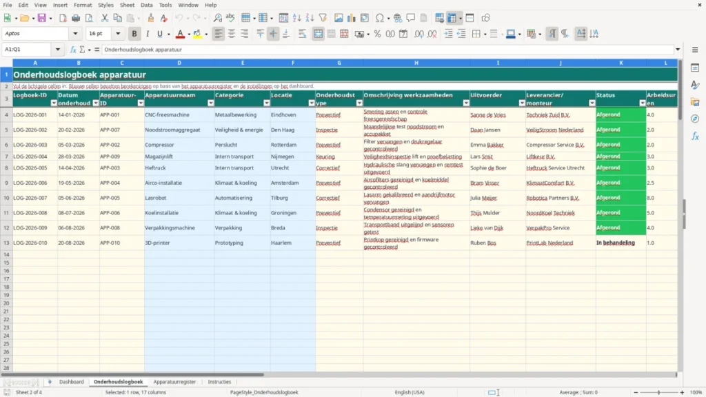 Onderhoudslogboek – Onderhoudslogboek apparatuur Excel – Gratis Sjabloon (2026)