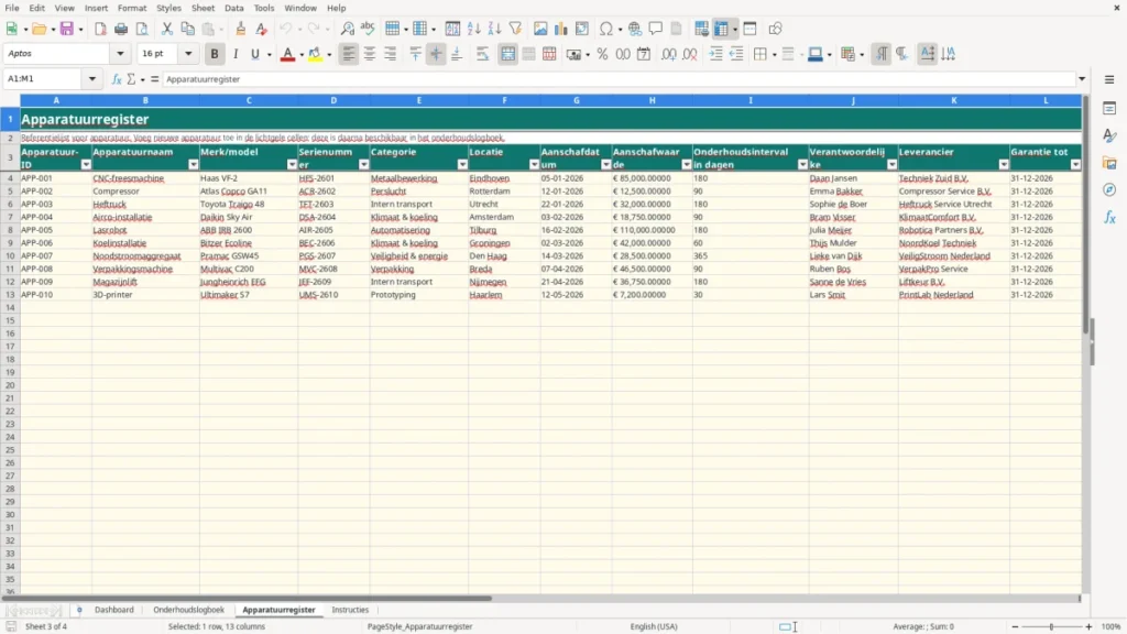 Apparatuurregister – Onderhoudslogboek apparatuur Excel – Gratis Sjabloon (2026)