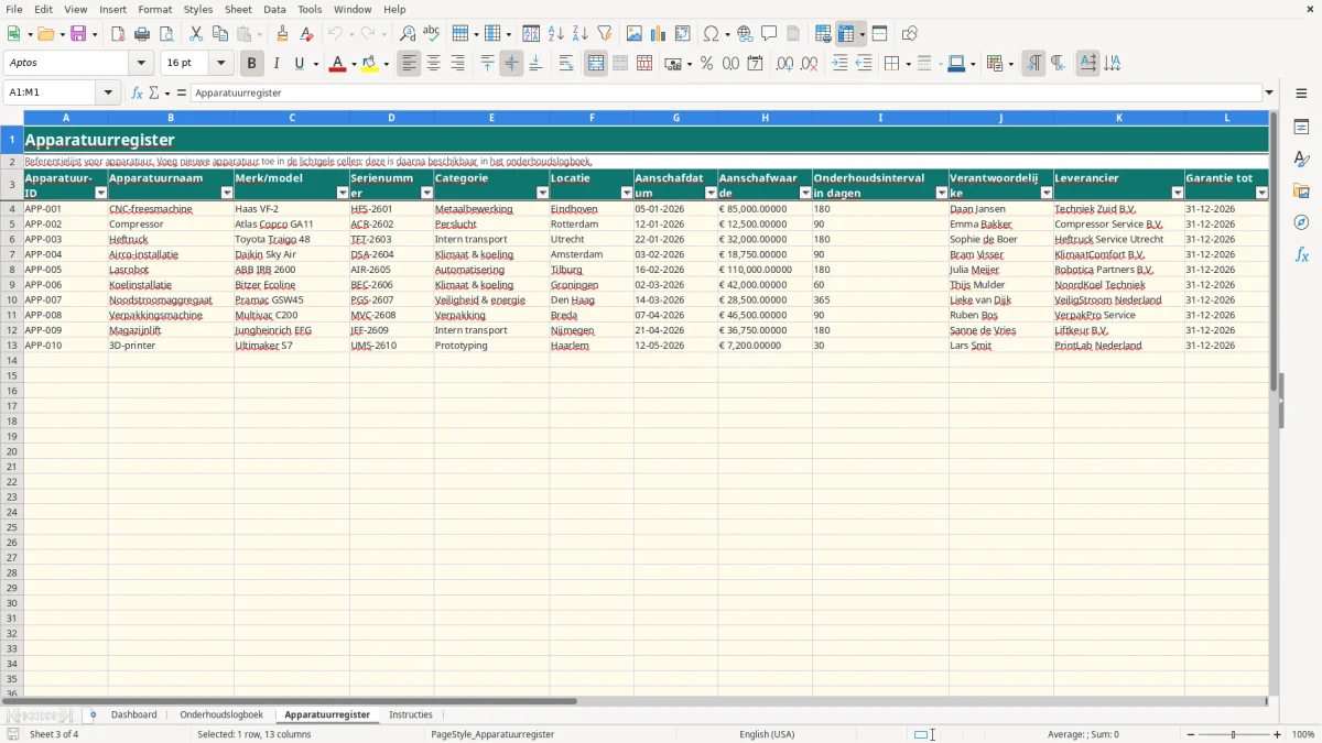 Screenshot 3: tabblad Apparatuurregister - Excel-sjabloon onderhoudslogboek apparatuur excel sjabloon gratis 2026