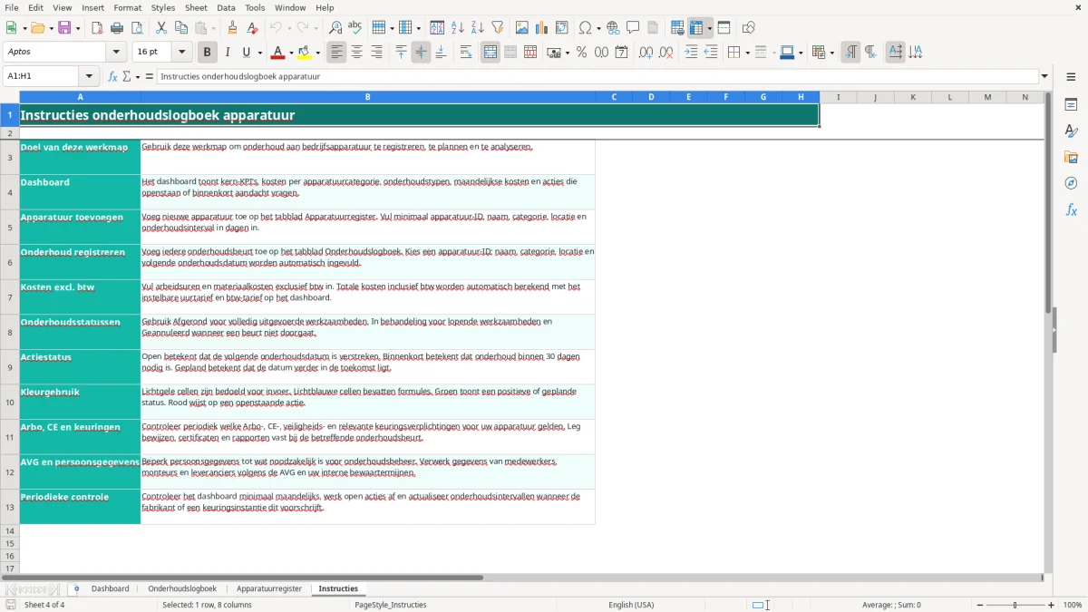 Screenshot 4: tabblad Instructies - Excel-sjabloon onderhoudslogboek apparatuur excel sjabloon gratis 2026