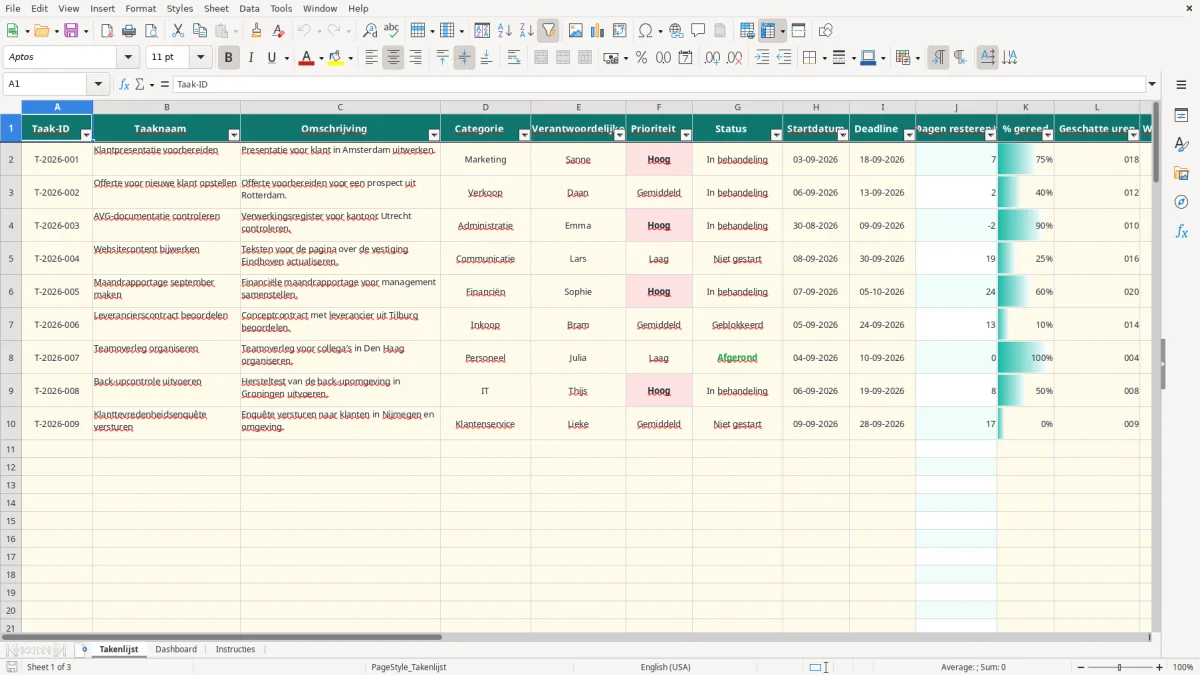 Screenshot 1: tabblad Takenlijst - Excel-sjabloon excel sjabloon takenlijst
