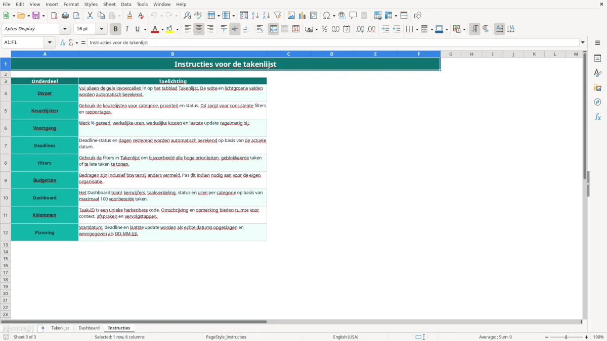 Screenshot 3: tabblad Instructies - Excel-sjabloon excel sjabloon takenlijst