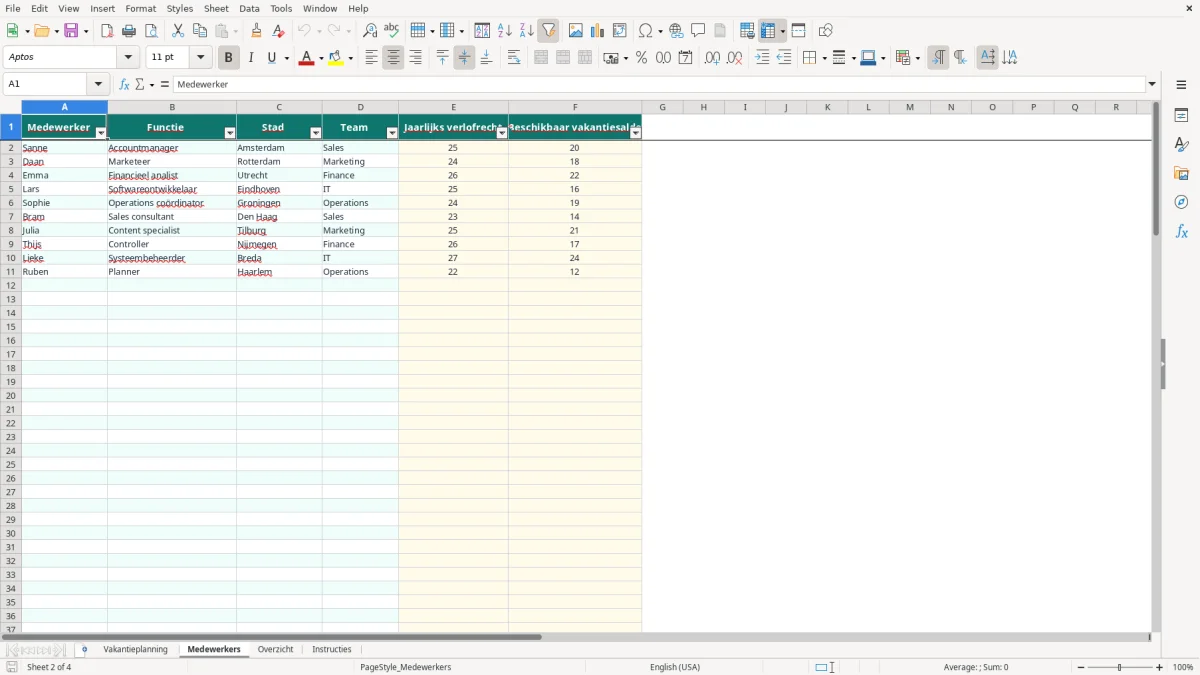Screenshot 2: tabblad Medewerkers - Excel-sjabloon excel sjabloon vakantieplanner