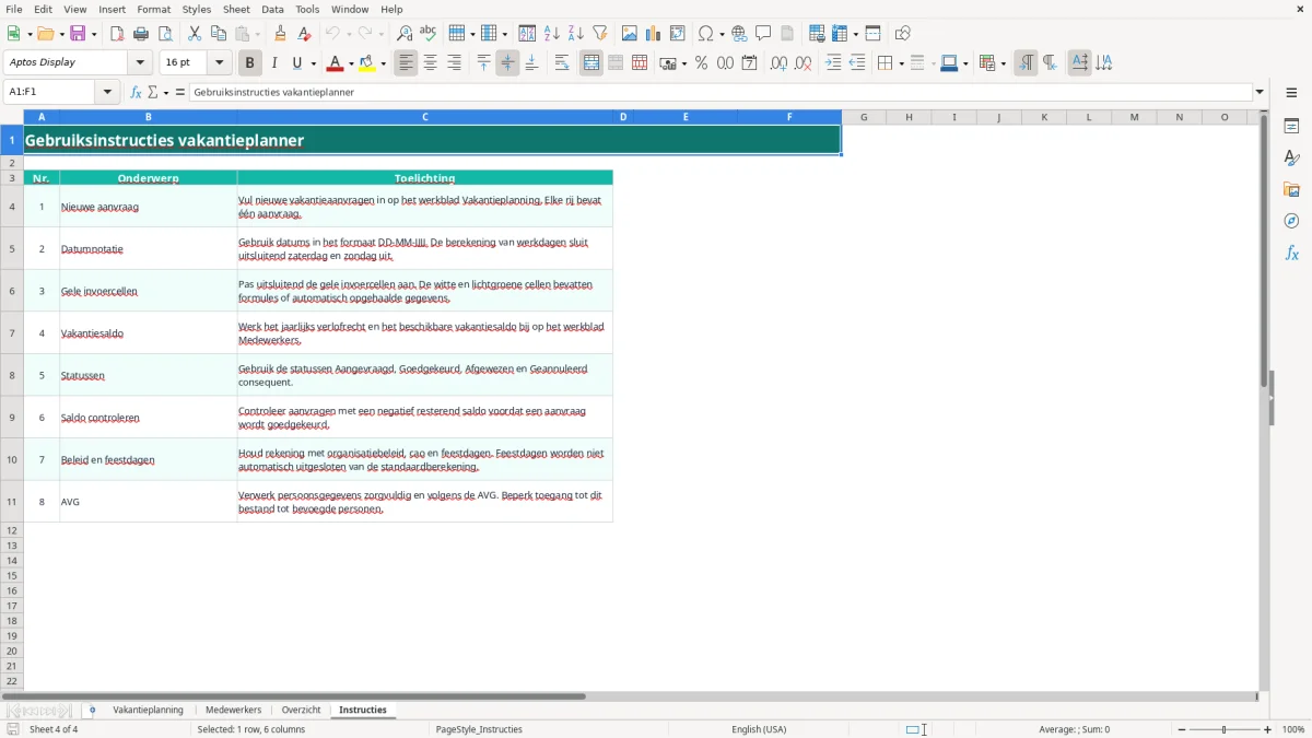 Screenshot 4: tabblad Instructies - Excel-sjabloon excel sjabloon vakantieplanner