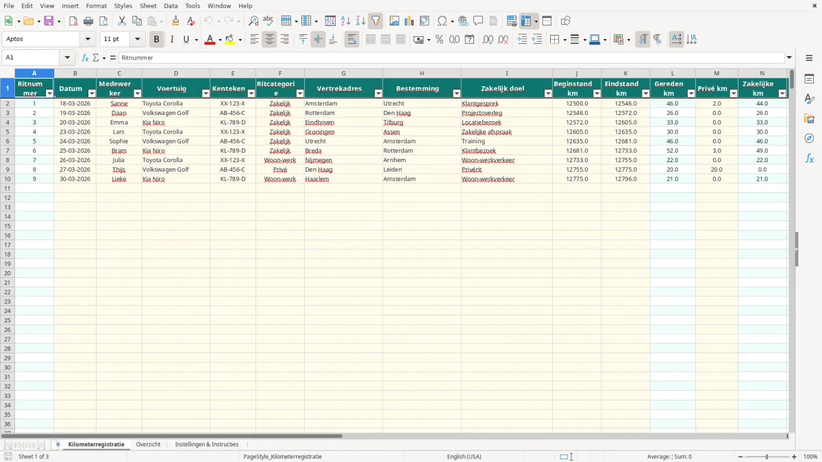 Screenshot 1: tabblad Kilometerregistratie - Excel-sjabloon sjabloon kilometerregistratie excel