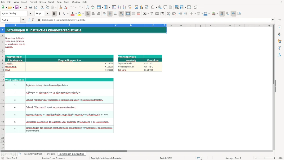 Screenshot 3: tabblad Instellingen & Instructies - Excel-sjabloon sjabloon kilometerregistratie excel